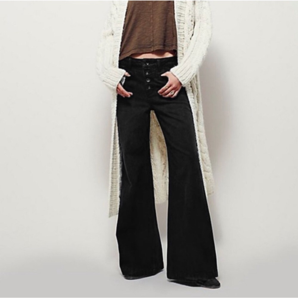 Free People Black Avendale Wide Leg Button Fly Jeans size 24